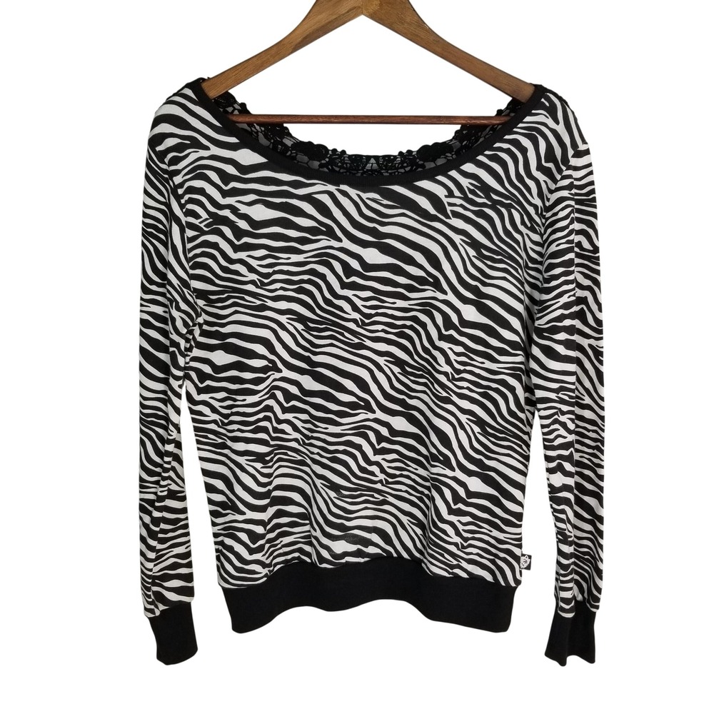 LA Kitty Zebra Print Long Sleeve‎ Black White Lace Back Scoop Neck Mob Wife Y2K